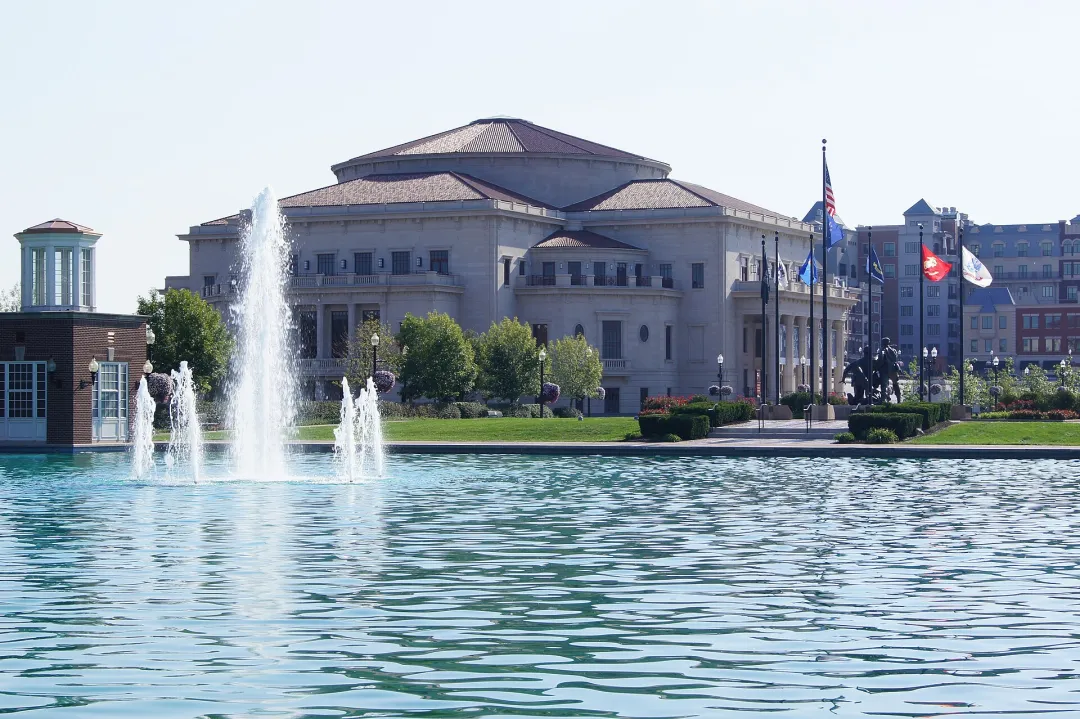 The Palladium concert hall and reflecting pond in Carmel, Indiana