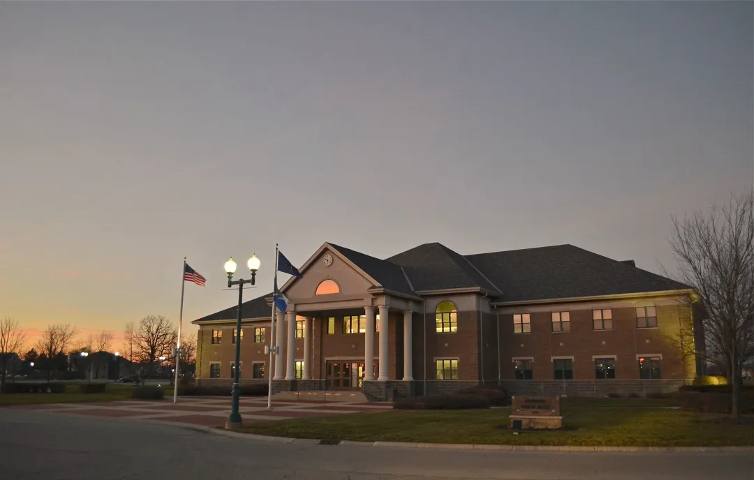 Fishers Town Hall at dusk in Fishers, Indiana