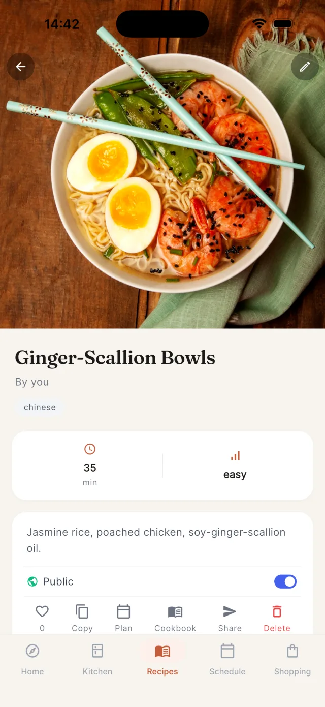 Chefless recipe screen showing a ginger-scallion noodle bowl