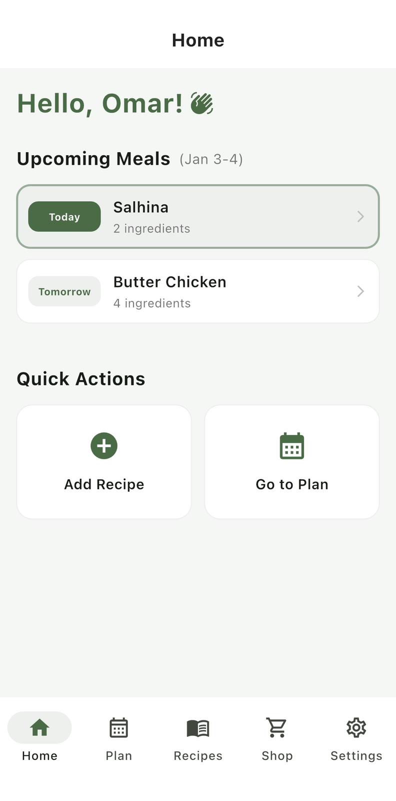 Family Eats on iPhone — meal plan home