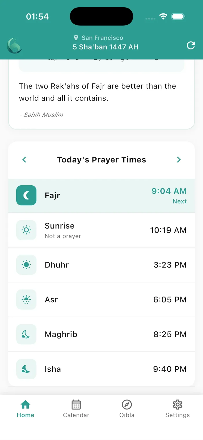 Sahab Athan daily prayer times screen