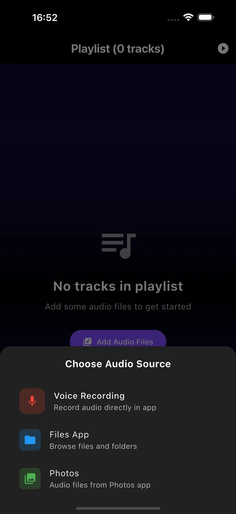 Sahab Audio playlists screen organizing saved recordings