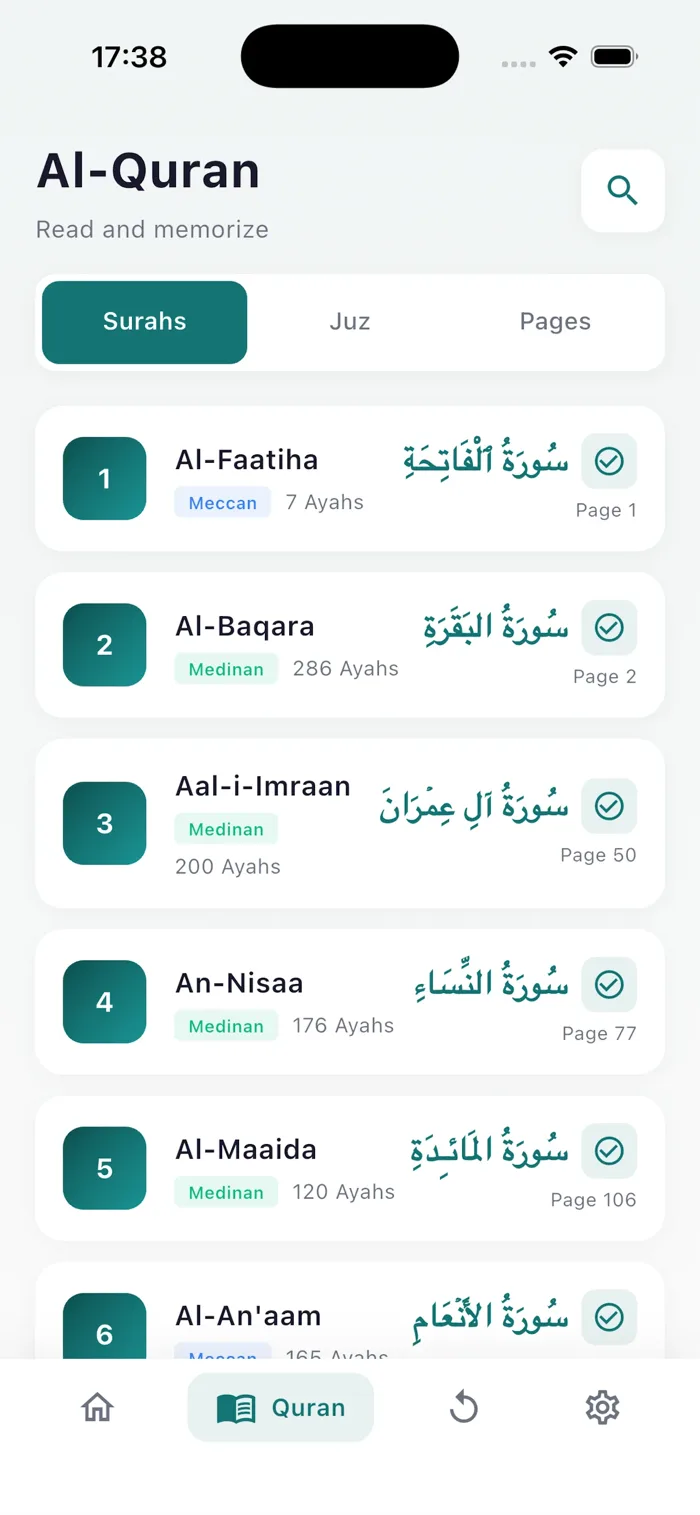 Sahab Hifz progress screen tracking memorized surahs and pages