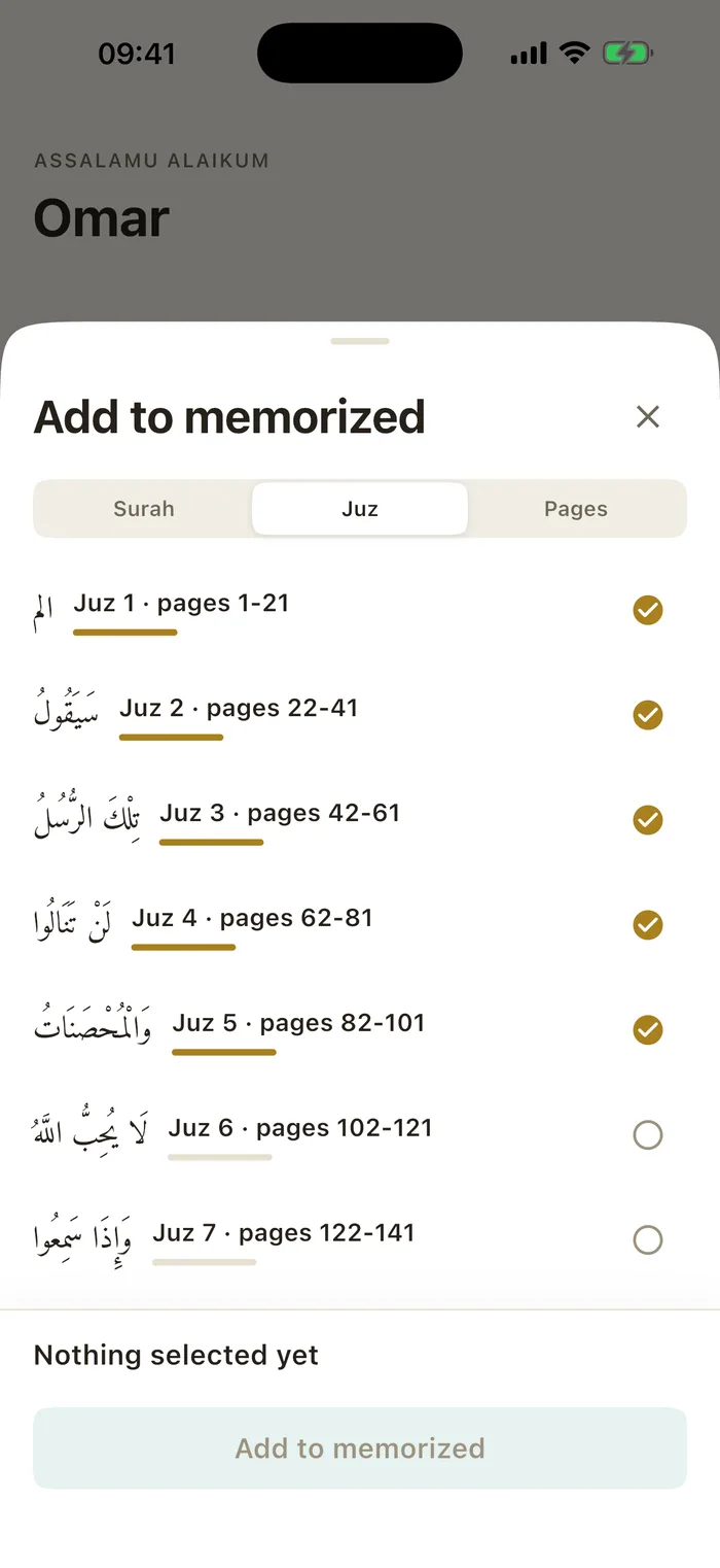 Sahab Hifz add to memorized sheet with gold checks on finished juz