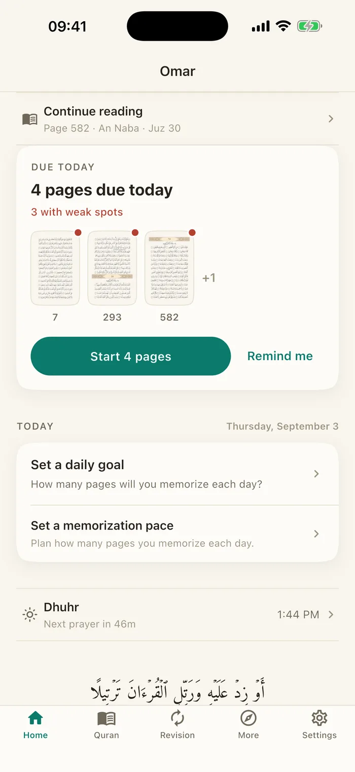 Sahab Hifz home screen with four pages due today and a daily goal