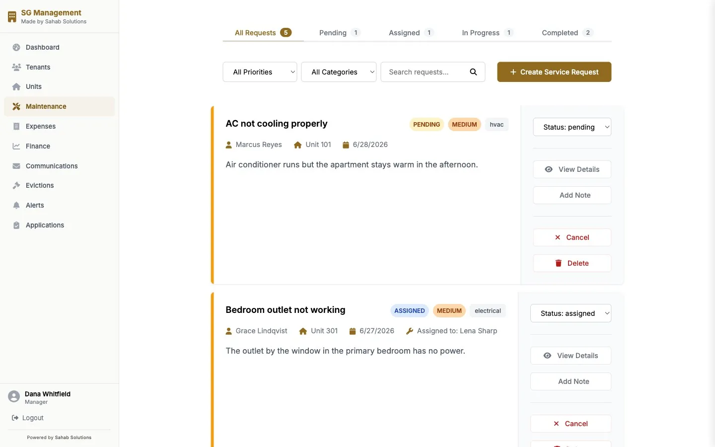 Sahab Key service requests with pending, assigned, and in-progress status tabs