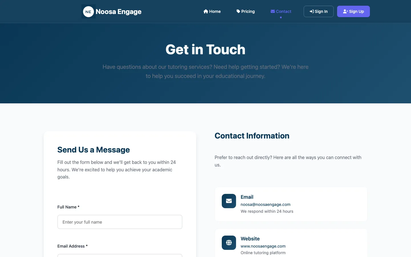 The NoosaEngage contact page with a message form and contact details