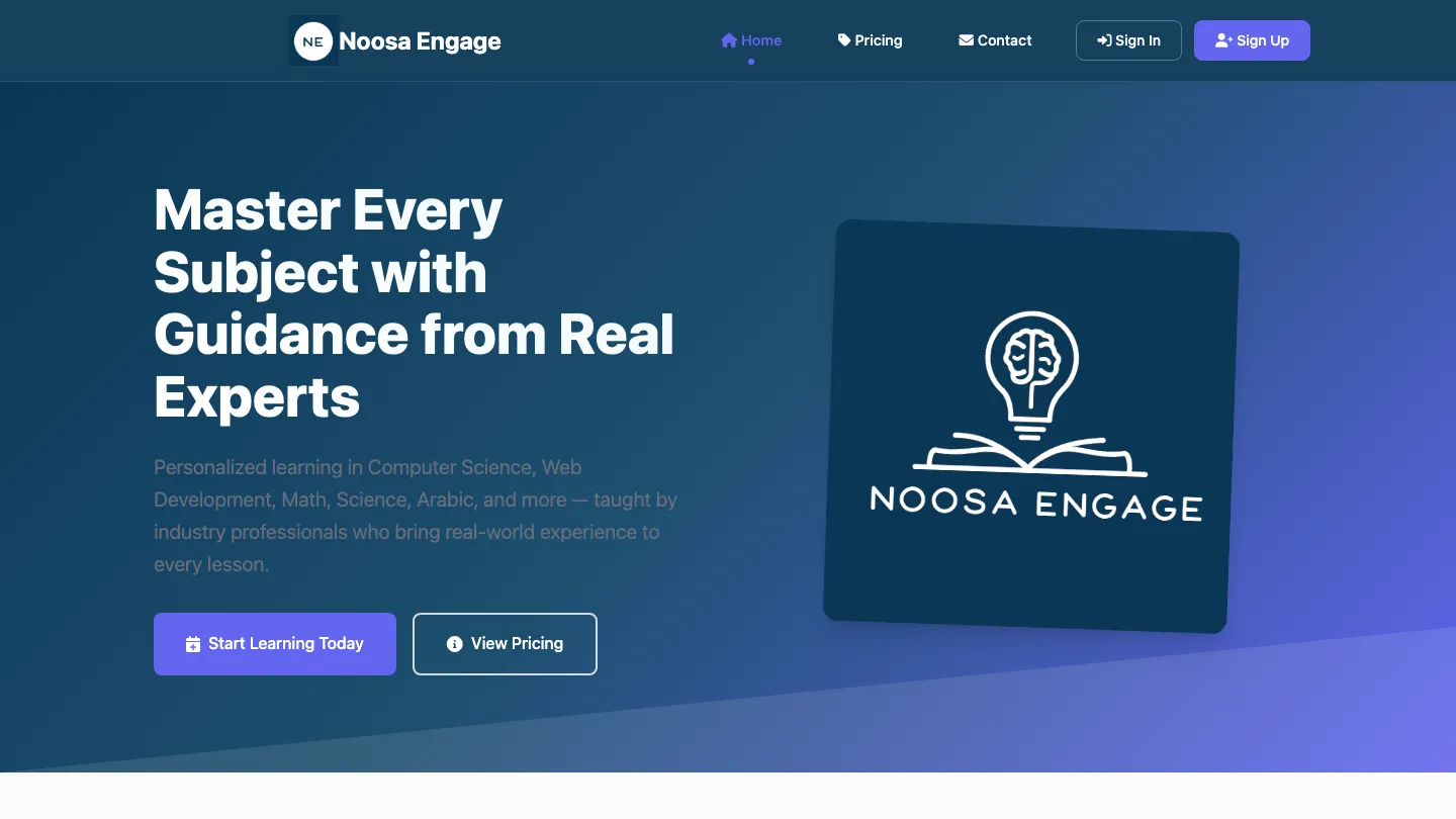 The NoosaEngage homepage with the headline Master Every Subject with Guidance from Real Experts