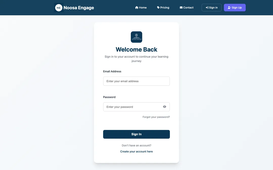 The NoosaEngage sign-in page with a show password control