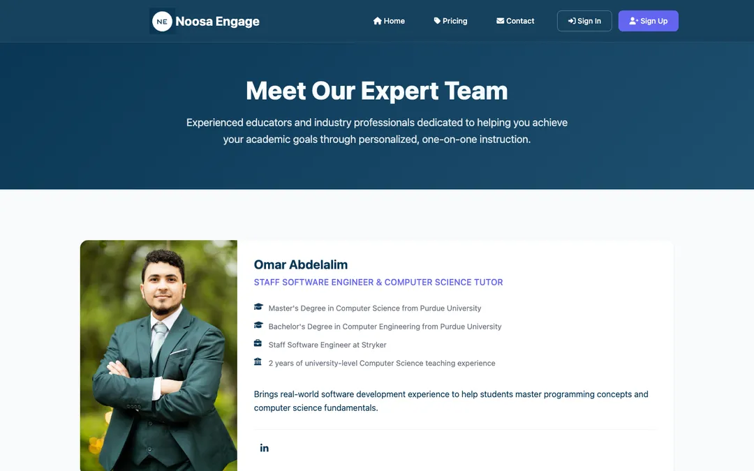 The NoosaEngage team page introducing a tutor with education and experience